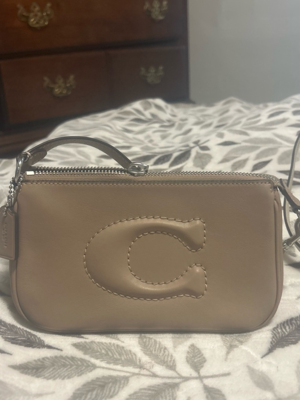 Coach Mini Wristlet in Taupe Leather with Stitched C